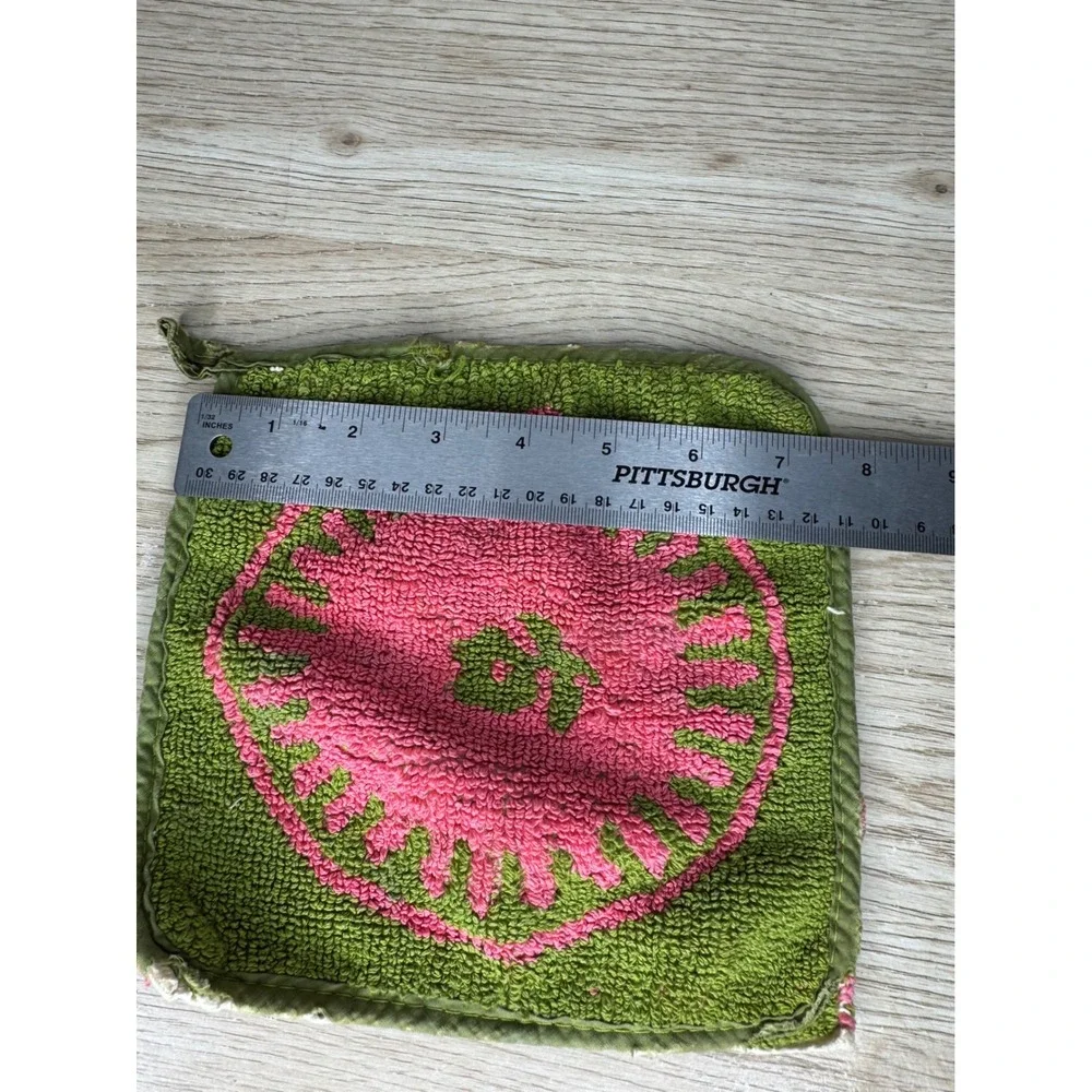 Vintage Pink Green Terry Cloth Potholder Retro Sunburst Floral Reversible 7.5in